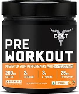 Bolt Pre Workout Supplement | 300 grams,30 Servings |With Caffeine Powder, Citrulline Malate, B-Alanine, Taurine For Explosive Energy, Pump & Focus | Orange Tangy