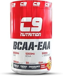 C9 Nutrition BCAA + EAA Powder | Sugar Free Powerful Intra Workout | Muscle Recovery & Endurance Drink with 5000mg BCAA, 9000mg EAA, 500 mg L-Arginine | Amino Acid Supplements (30 Servings, Fruit Punch Flavour)