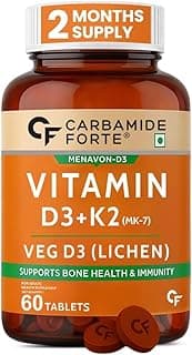 Carbamide Forte Vitamin D3 K2 Supplement | Vitamin K2 MK7 to support Bone & Heart Health | Veg D3 Lichen - 60 Tablets