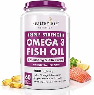 HealthyHey Nutrition Fish Oil Capsules Omega 3 60 Softgel For Women and Men | Triple Strength Fish Oil | Burpless, EPA 600 - DHA 400 Supplement