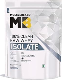 MuscleBlaze 100% Clean Raw Whey Protein Isolate (Unflavoured, 1kg) | 27g Protein per Scoop | Easy to Digest