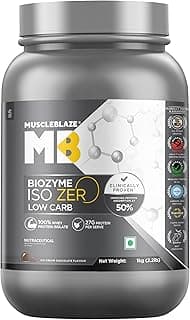 MuscleBlaze Biozyme Iso-Zero, Low Carb Whey Protein Isolate Powder, 27g Isolate Whey Per Scoop (Ice Cream Chocolate, 1kg / 2.2lbs) | USA Patent-Published Enhanced Absorption Formula (EAF)