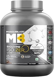 MuscleBlaze Biozyme Iso-Zero, Low Carb Whey Protein Isolate Powder, 27g Isolate Whey Per Scoop (Ice Cream Chocolate, 2kg / 4.4lbs) | USA Patent-Published Enhanced Absorption Formula (EAF)