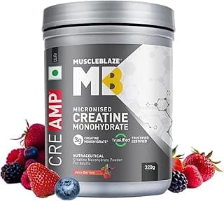 MuscleBlaze Micronised Creatine Monohydrate CreAMP Powder, Juicy Berries (80 Servings, 320g) | Trustified Certified Creatine