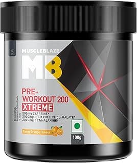 MuscleBlaze Pre Workout 200 Xtreme Powder, Tangy Orange (15 Servings, 100g) | 200mg Caffeine, 3000mg Citrulline