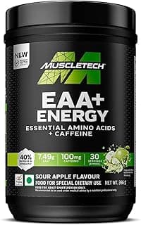 MuscleTech Eaa + Energy | Essential Amino Acids + 100Mg Caffeine | Replenish Electrolytes | Ultimate Recovery 7.4 grams Eaa | 4.5 grams Bcaa | 3 grams Leucine | 30 Servings | Sour Apple, Powder