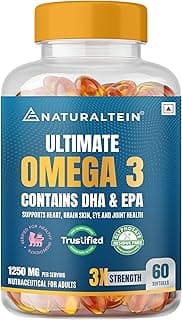 naturaltein omega 3 NATURALTEIN Omega-3 Fish Oil 1250mg Triple Strength Softgel Capsules | 450mg EPA & 300mg DHA in Triglyceride Form for Better Absorption | Heart, Brain, Eye & Joint Support | Glyphosate-Free | 60 Softgel Capsules | 60-Day Supply