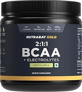 Nutrabay Gold BCAA 2:1:1 with Electrolytes 5000 mg Vegan BCAAs per Serving – Pre/Post Workout Energy Drink for Muscle Build Up & Faster Recovery - Tested for Purity – 250g, Green Apple