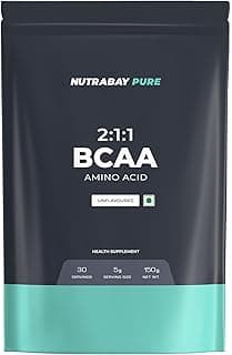 Nutrabay Pure BCAA 2:1:1-5000 mg Vegan BCAAs, Intra/Post Workout Amino Acid Supplement for Muscle Recovery & Endurance - 150g, Unflavoured