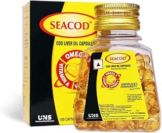 Seacod Cod Fish Liver Oil 100 softgel Capsules With Natural Omega 3, Natural EPA & DHA |Vitamin D & A | For Immune Health, Healthy Heart, Brain, Eyes, Joints & Muscles- Pack of 100 Capsules