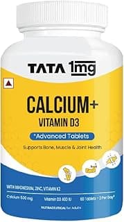 TATA 1mg Calcium & Vitamin D3 supplement with Zinc, Magnesium & Alfalfa | High absorption Calcium Citrate Malate form | 500mg Calcium & 400iu Vitamin D3 | For strong bones & joints | 60 tablets