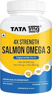 Tata 1mg Salmon 4X Omega | Omega-3 Fish Oil for Heart, Eye & Brain Health | 2000 mg Salmon Fish Oil, 720 mg EPA, 480 mg DHA | 60 Capsules