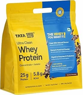 Tata 1mg Ultra Clean Whey Protein Isolate + Concentrate - Hazelnut Chocolate 1kg | 25g protein, 5.8g BCAA & 30B CFU Probiotics-28 Sachets