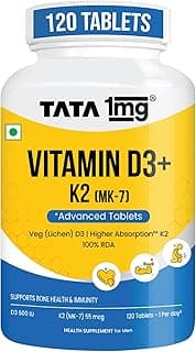Tata 1mg Vitamin D3 + K2 (MK-7) | Supports Stronger Bones, Immunity & Calcium Absorption | 600 IU Vitamin D3 + 55 mcg K2 | Lichen Sourced, 100% Veg (120 Tablets)