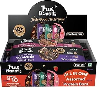 True Elements All in One Flavours Protein Bar - 50g Each * Pack of 6 (300g) - 10g Protein + 7g Fibre | Strawberry , Chocolate & Almonds, Nuts | Crunchy Protein Bars | Sweetened with Jaggery | Healthy Snacks